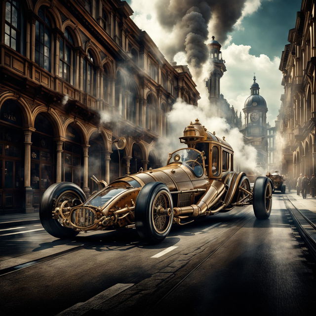 Formula One cars in a Steampunk universe, transformed into steam-powered machines with brass fittings and exposed gears, racing through a Victorian-era cityscape