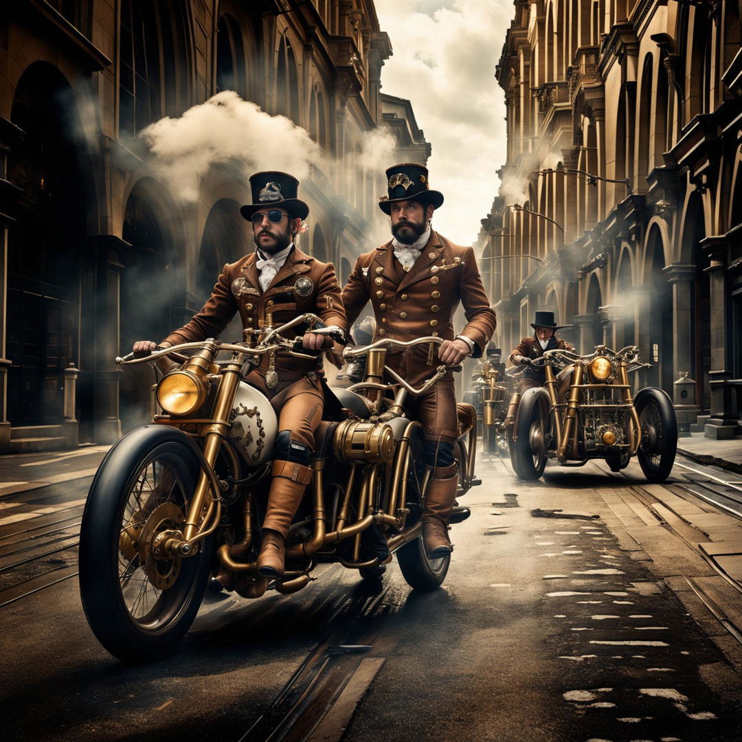 MotoGP bikes in a Steampunk universe, transformed into steam-powered machines with brass fittings and exposed gears, racing through a Victorian-era cityscape