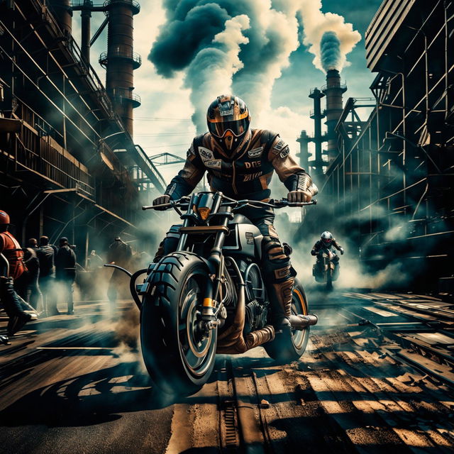 MotoGP bikes in a Dieselpunk universe, transformed into diesel-powered machines with heavy metal plating and exposed mechanical parts, racing through an industrial cityscape