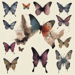 A series of broken butterflies with fragmented wings and damaged bodies