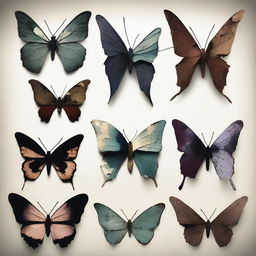 A series of broken butterflies with fragmented wings and damaged bodies