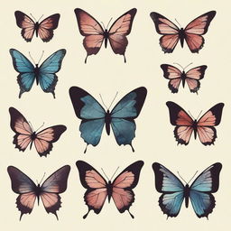 A series of broken butterflies with fragmented wings and damaged bodies