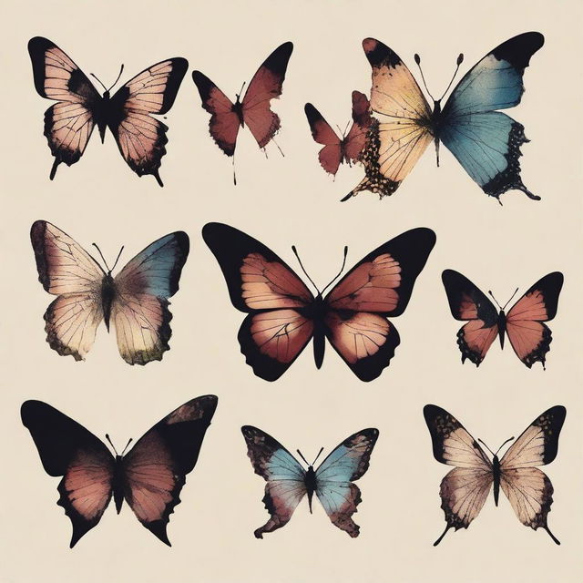 A series of broken butterflies with fragmented wings and damaged bodies