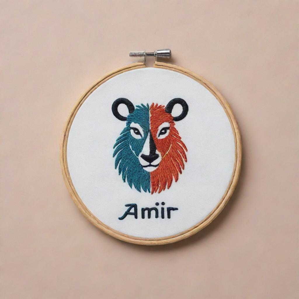 Create a simplified, embroidery-style personal logo for 'Amir', blending elements of veterinary medicine and the Gemini zodiac sign, ensuring it's simple yet effective.