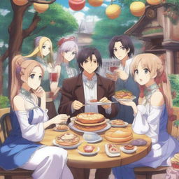 A high-quality anime poster featuring a typical isekai cast enjoying savory pastries