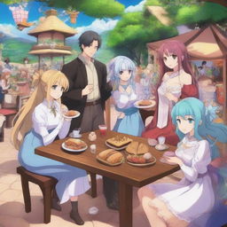 A high-quality anime poster featuring a typical isekai cast enjoying savory pastries