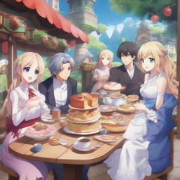 A high-quality anime poster featuring a typical isekai cast enjoying savory pastries