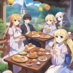 A high-quality anime poster featuring a typical isekai cast enjoying savory pastries