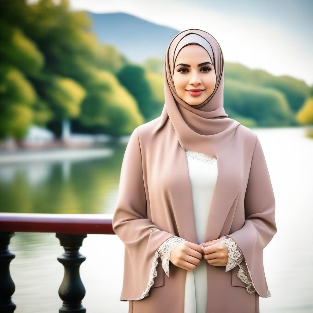 A beautiful Muslim woman wearing a stylish hijab, with a confident and elegant demeanor