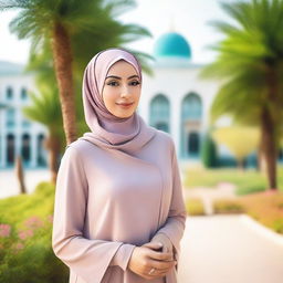 A beautiful Muslim woman wearing a stylish hijab, with a confident and elegant demeanor