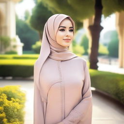 A beautiful Muslim woman wearing a stylish hijab, with a confident and elegant demeanor