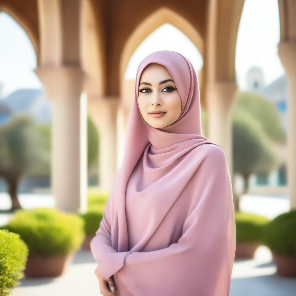 A beautiful Muslim woman wearing a stylish hijab, with a confident and elegant demeanor