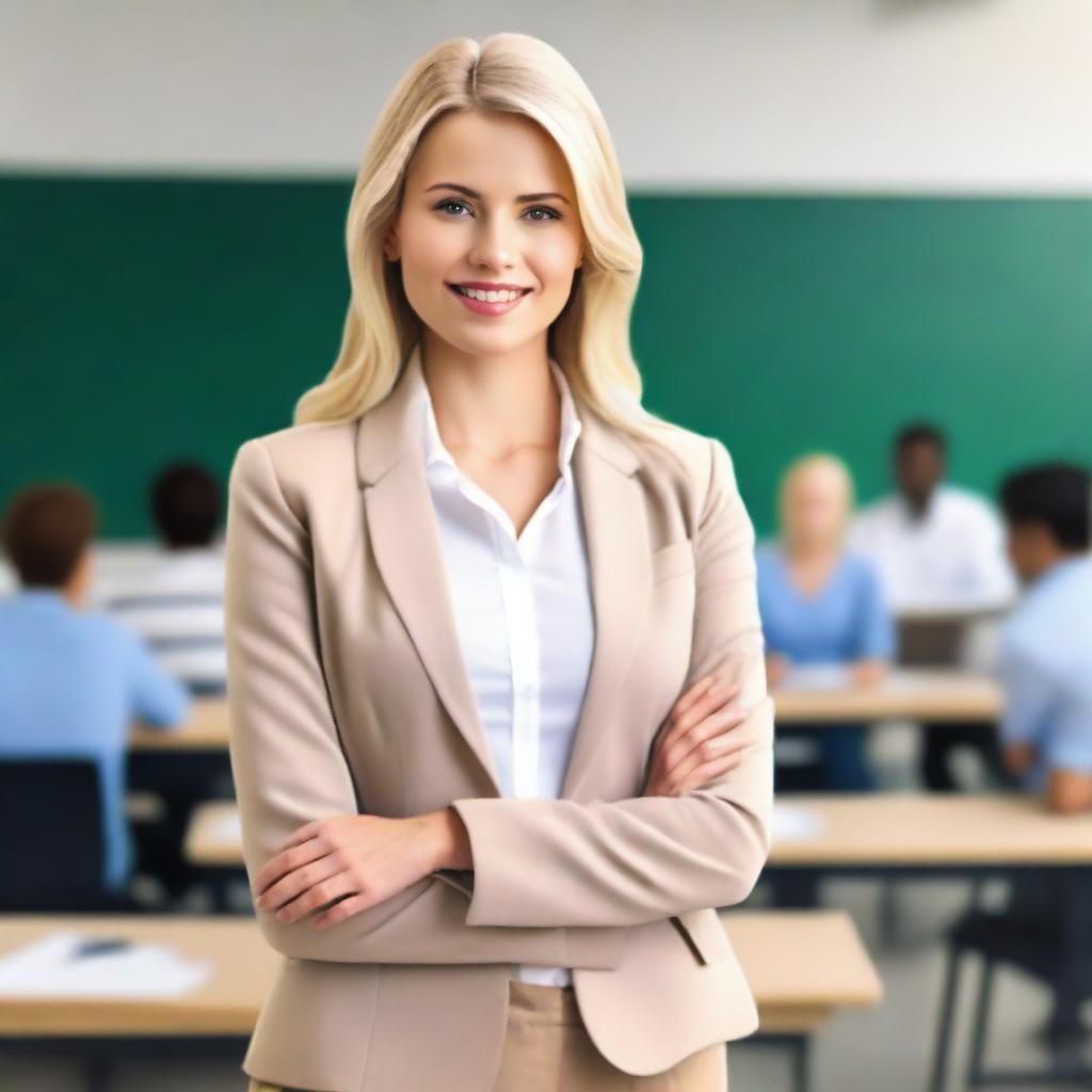 A beautiful blonde teacher in a stylish outfit, standing confidently in front of a classroom