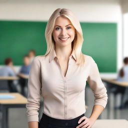 A beautiful blonde teacher in a stylish outfit, standing confidently in front of a classroom