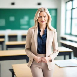 A beautiful blonde teacher in a stylish outfit, standing confidently in front of a classroom