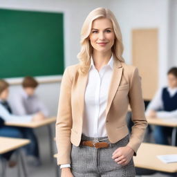 A beautiful blonde teacher in a stylish outfit, standing confidently in front of a classroom