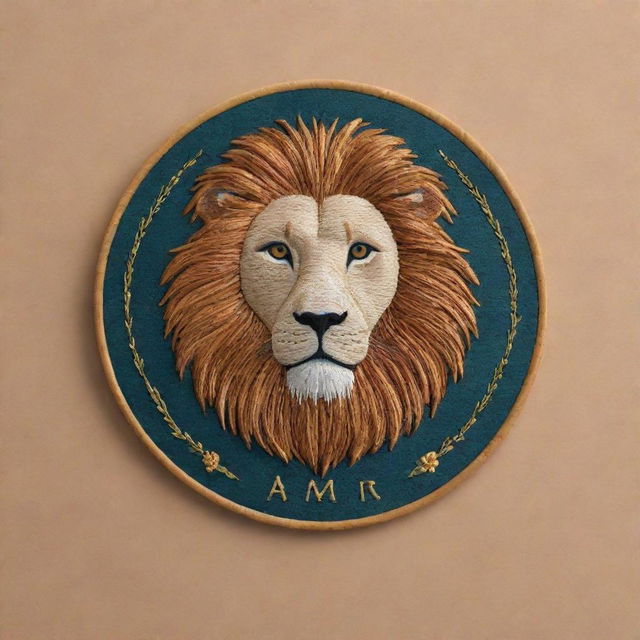 Design an uncomplicated, embroidery-style personal logo for 'Amir', incorporating elements of veterinary medicine, the Gemini zodiac sign, and a lion, aiming simplicity and uniqueness.