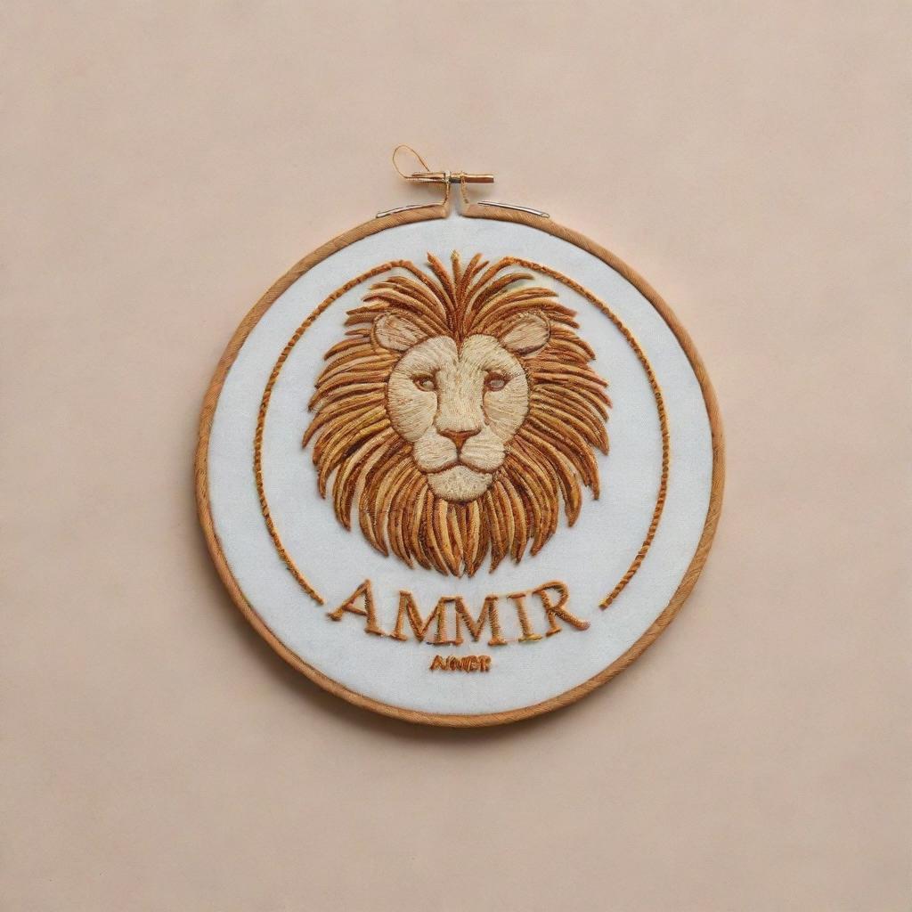 Craft a minimalist, embroidery-style personal logo for 'Amir'. Include elements of veterinary medicine, the Gemini zodiac sign, and a lion while keeping the design simple yet meaningful.