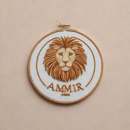 Craft a minimalist, embroidery-style personal logo for 'Amir'. Include elements of veterinary medicine, the Gemini zodiac sign, and a lion while keeping the design simple yet meaningful.