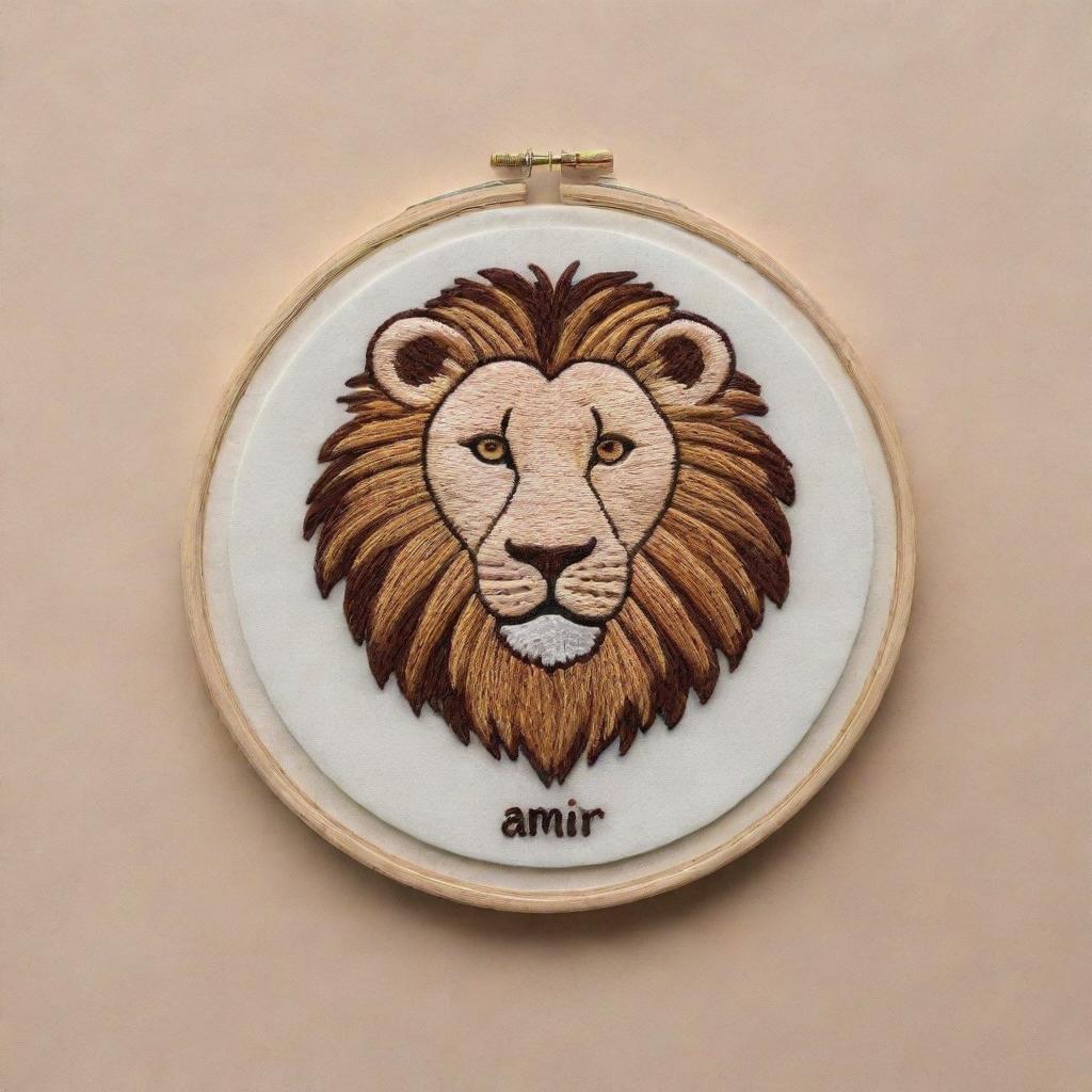 Craft a minimalist, embroidery-style personal logo for 'Amir'. Include elements of veterinary medicine, the Gemini zodiac sign, and a lion while keeping the design simple yet meaningful.