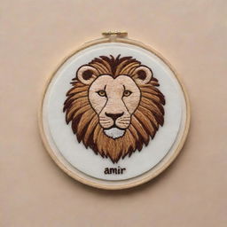 Craft a minimalist, embroidery-style personal logo for 'Amir'. Include elements of veterinary medicine, the Gemini zodiac sign, and a lion while keeping the design simple yet meaningful.