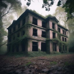 A mysterious and eerie asylum hidden in a dense forest, with overgrown vines and broken windows