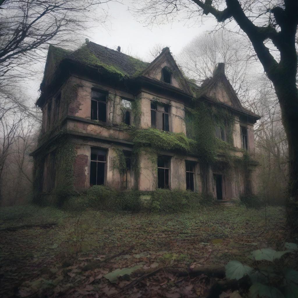 A mysterious and eerie asylum hidden in a dense forest, with overgrown vines and broken windows