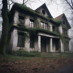 A mysterious and eerie asylum hidden in a dense forest, with overgrown vines and broken windows