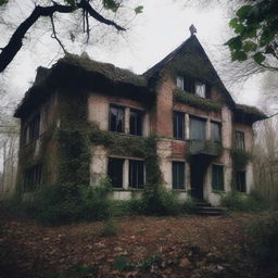 A mysterious and eerie asylum hidden in a dense forest, with overgrown vines and broken windows