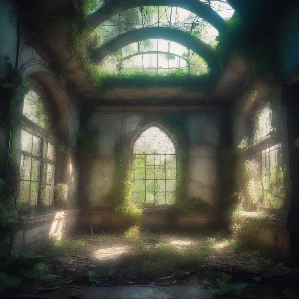 A mysterious and dreamy asylum hidden in a dense, enchanted forest, with overgrown vines and broken windows