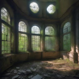 A mysterious and dreamy asylum hidden in a dense, enchanted forest, with overgrown vines and broken windows