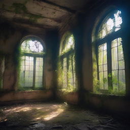 A mysterious and dreamy asylum hidden in a dense, enchanted forest, with overgrown vines and broken windows