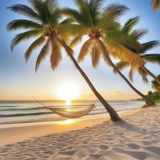 A serene and picturesque beach scene with golden sand, gentle waves, and a clear blue sky