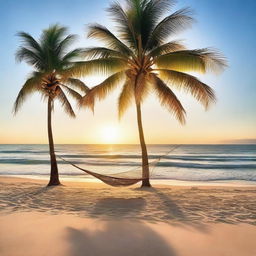 A serene and picturesque beach scene with golden sand, gentle waves, and a clear blue sky