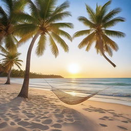 A serene and picturesque beach scene with golden sand, gentle waves, and a clear blue sky