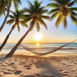 A serene and picturesque beach scene with golden sand, gentle waves, and a clear blue sky