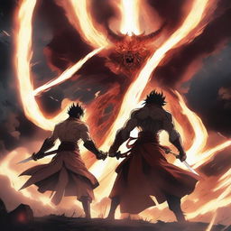 An epic anime scene depicting a battle between gods and devils