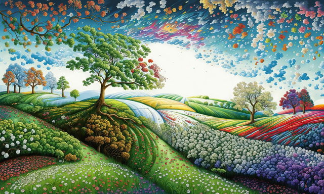 Digital art of a landscape transitioning through four seasons with a wind sweeping across, carrying elements from each season to the next. An ancient tree stands in the center, its branches holding leaves, blossoms, grains, and snowflakes. The sky transitions from sunrise to noon, sunset, and night.