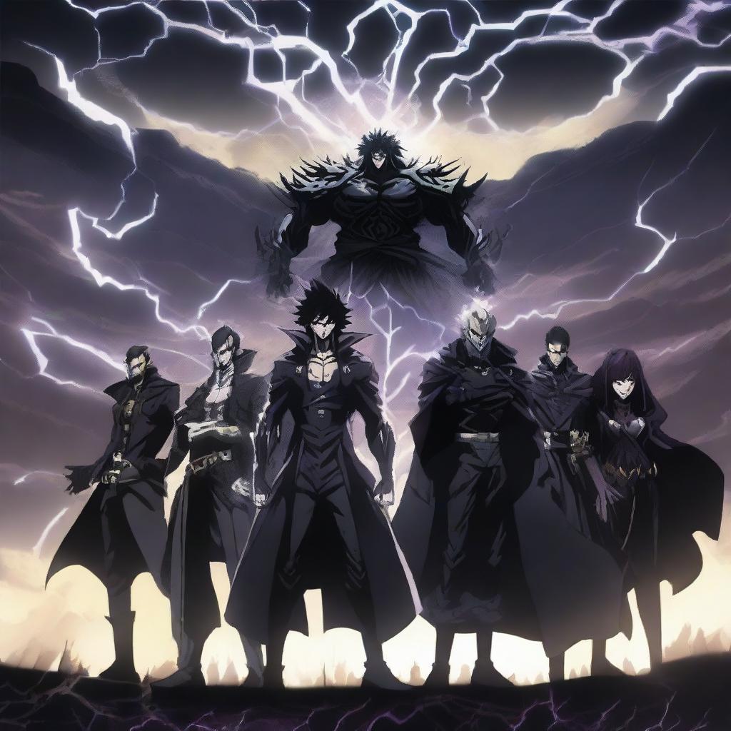 A powerful anime group of villains standing together in a menacing pose