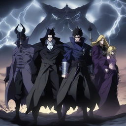 A powerful anime group of villains standing together in a menacing pose