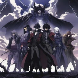 A powerful anime group of villains standing together in a menacing pose