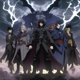 A powerful anime group of villains standing together in a menacing pose