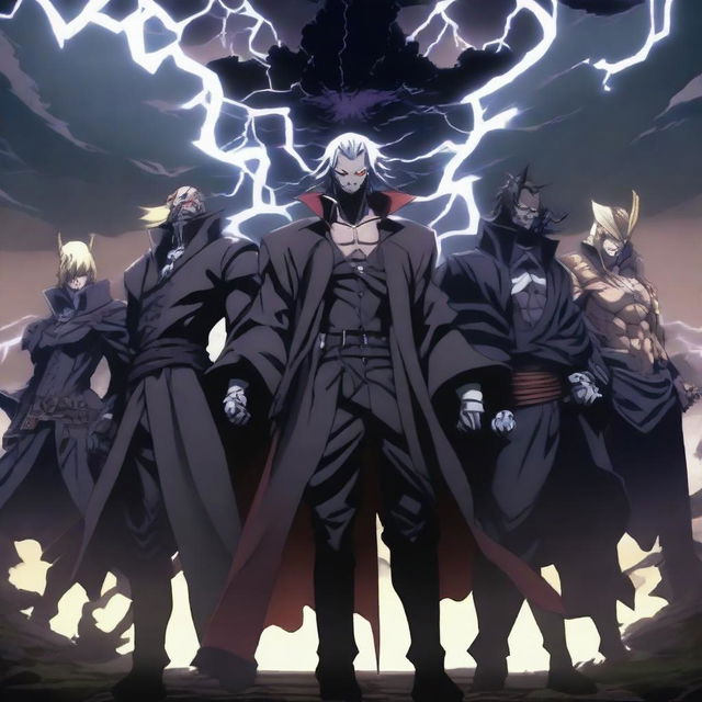 A powerful anime group of villains standing together in a menacing pose