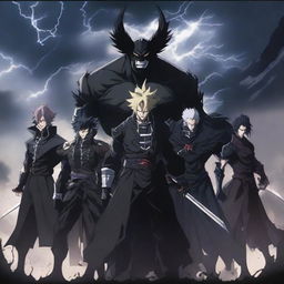 A powerful anime group of villains standing together in a menacing pose