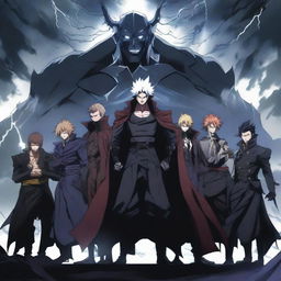 A powerful anime group of villains standing together in a menacing pose