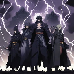 A powerful anime group of villains standing together in a menacing pose