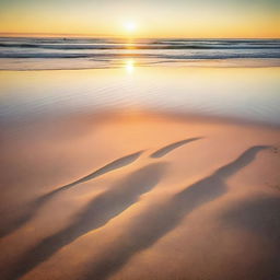 A serene and picturesque beach scene with golden sand, gentle waves, and a clear blue sky