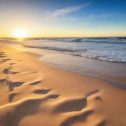 A serene and picturesque beach scene with golden sand, gentle waves, and a clear blue sky