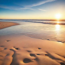 A serene and picturesque beach scene with golden sand, gentle waves, and a clear blue sky