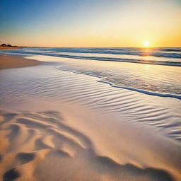 A serene and picturesque beach scene with golden sand, gentle waves, and a clear blue sky